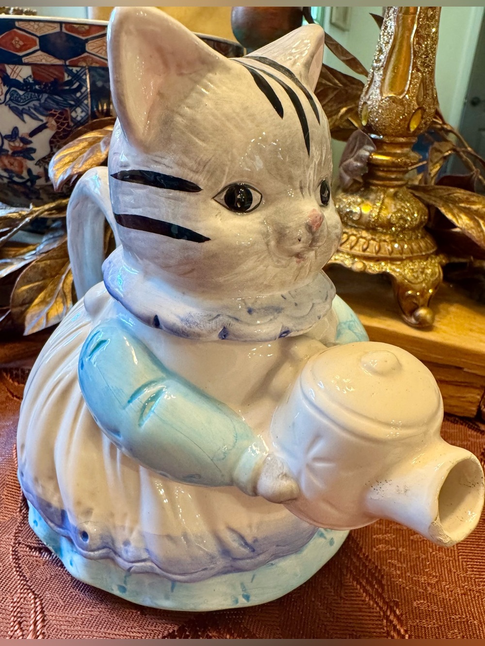 Vintage 80s 90s Takahashi SF Ceramic Gray Tabby Cat Teapot or Tea Pot Blue White